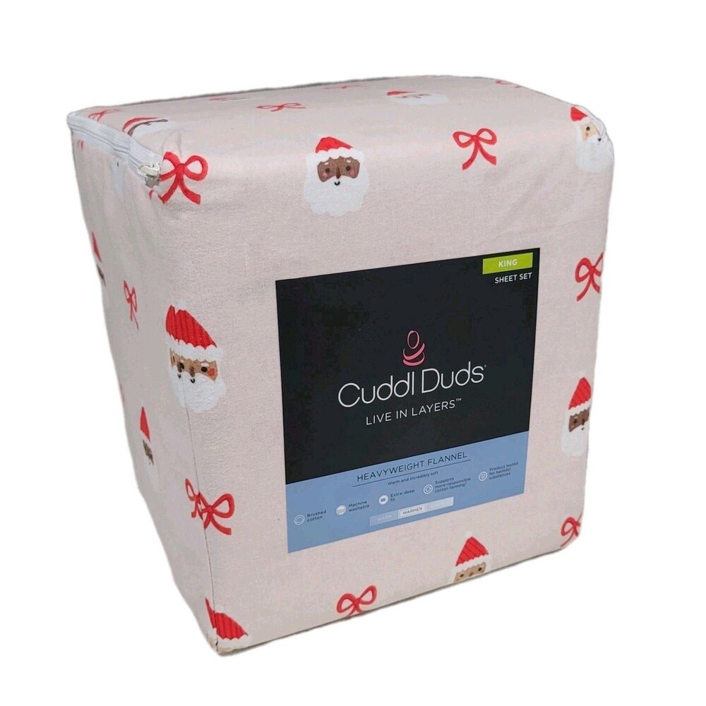 Cuddl Duds Santa Heads Heavyweight Cotton Flannel 4pc KING Sheet Set Deep Fit